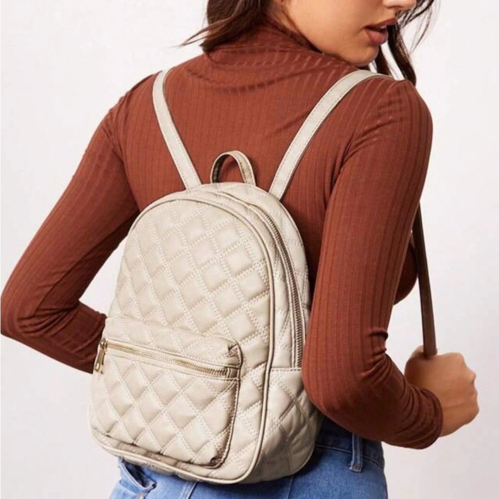 Quilted Leather Backpack Taupe Gold Chain Strap Zip Pocket Chic Bag - Picture 6 of 8